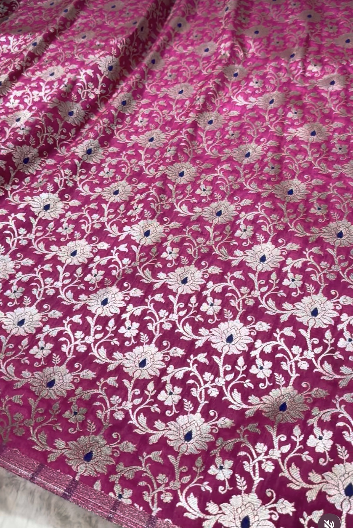 Magenta floral-patterned fabric photograph offered as Banarasi reference