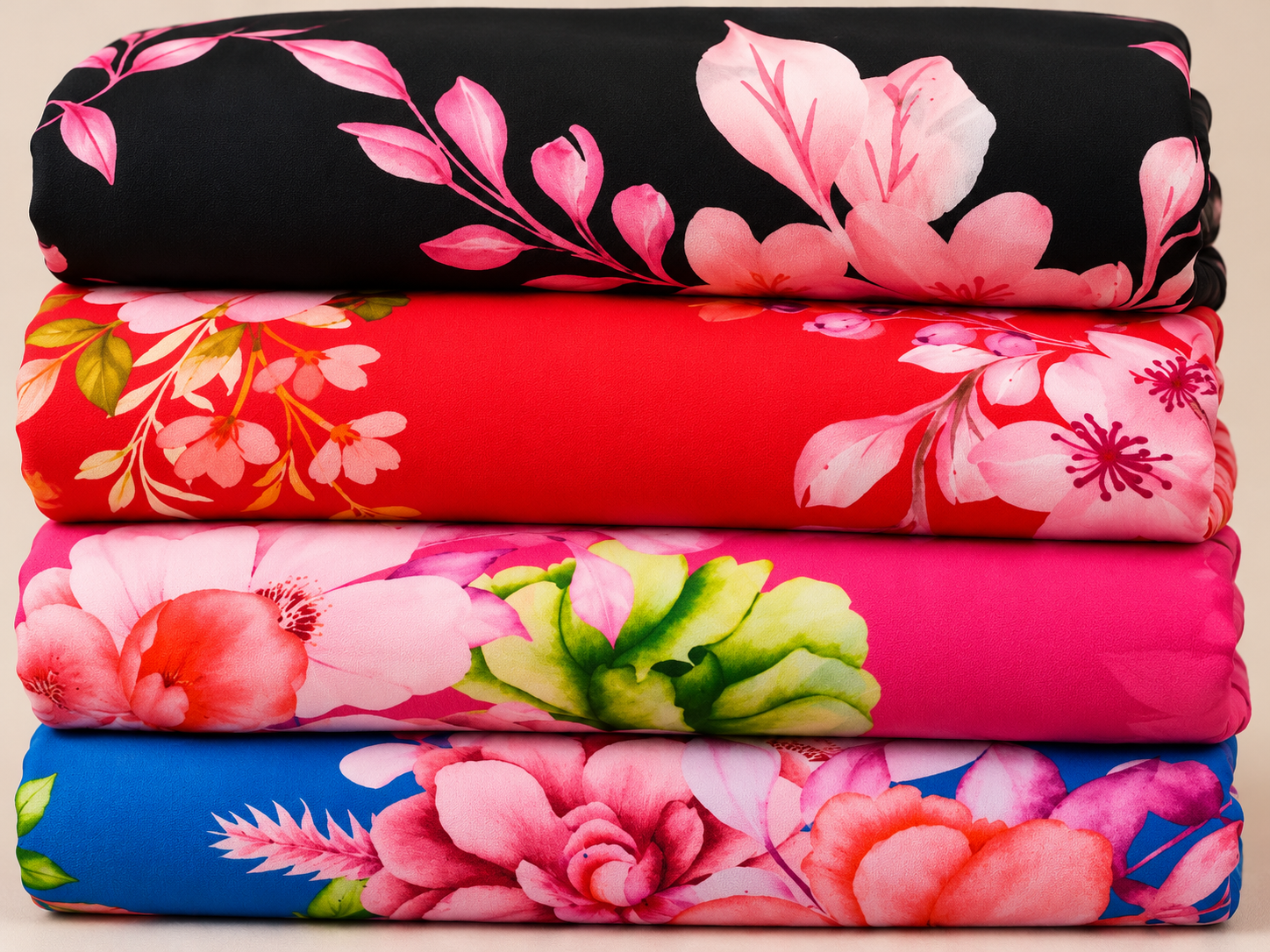 Four folded floral-print fabrics in black, red, pink, and blue, selected for the Crepe fabric story