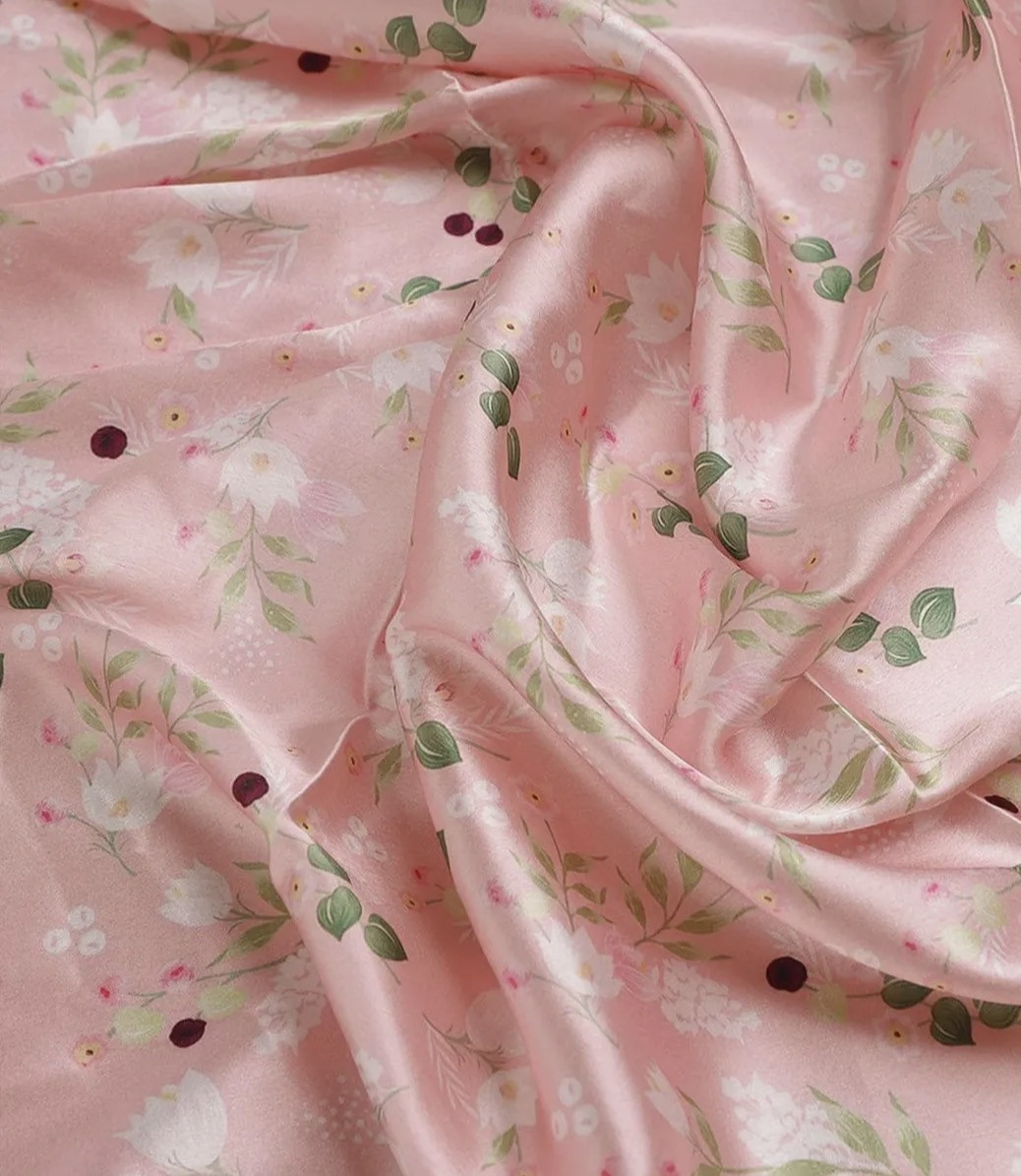 Soft pink floral satin-like fabric supplied as Japanese Satin reference