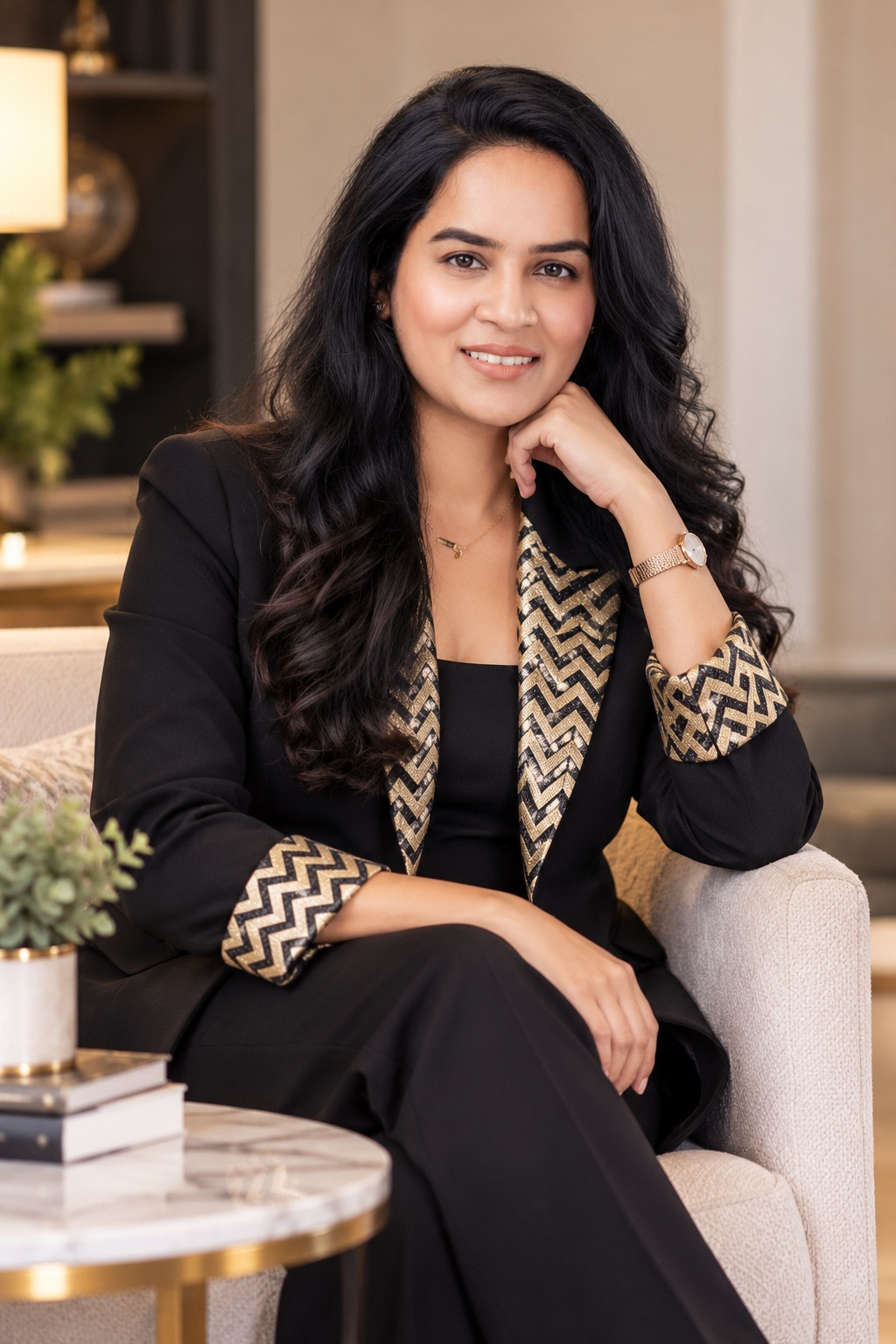 Gayatri, founder of MOKSHA WOVEN ROOTS, wearing a black blazer with gold patterned accents