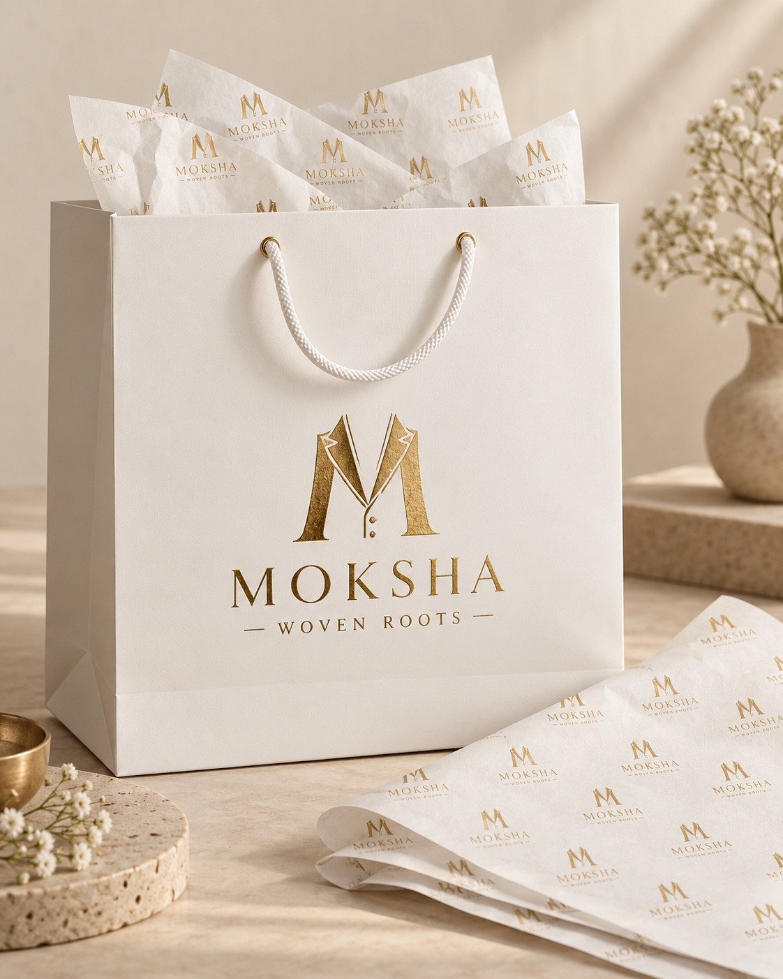 MOKSHA ivory-and-gold shopping bag with printed tissue, packaging concept