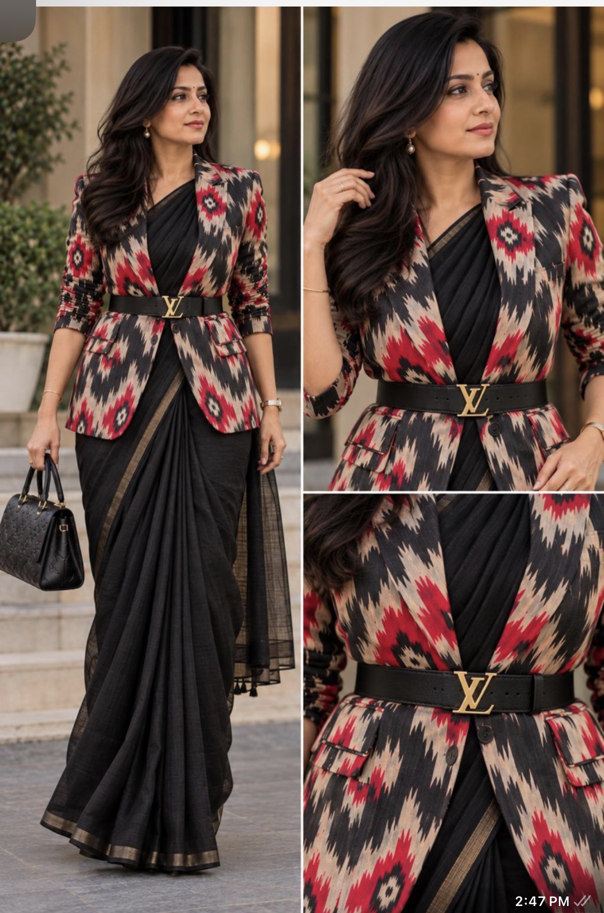 Styling study pairing a patterned contemporary blazer with a black saree