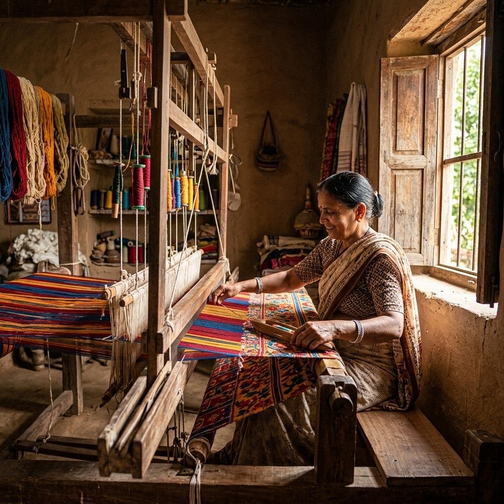 Illustrative image of a weaver working at a loom; not presented as a MOKSHA supplier